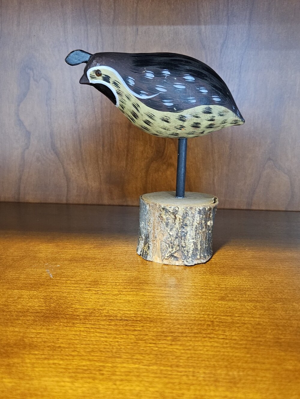 Hand-Painted Wooden Quail Figurine in Brown and Cream